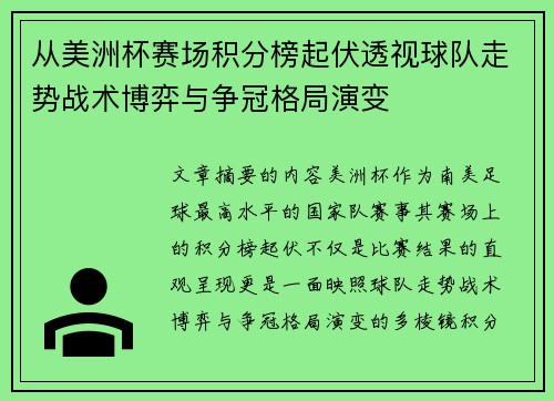 从美洲杯赛场积分榜起伏透视球队走势战术博弈与争冠格局演变